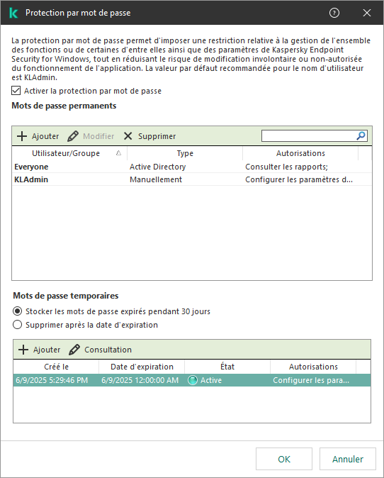 Fenêtre Gestion des mots de passe temporaires.