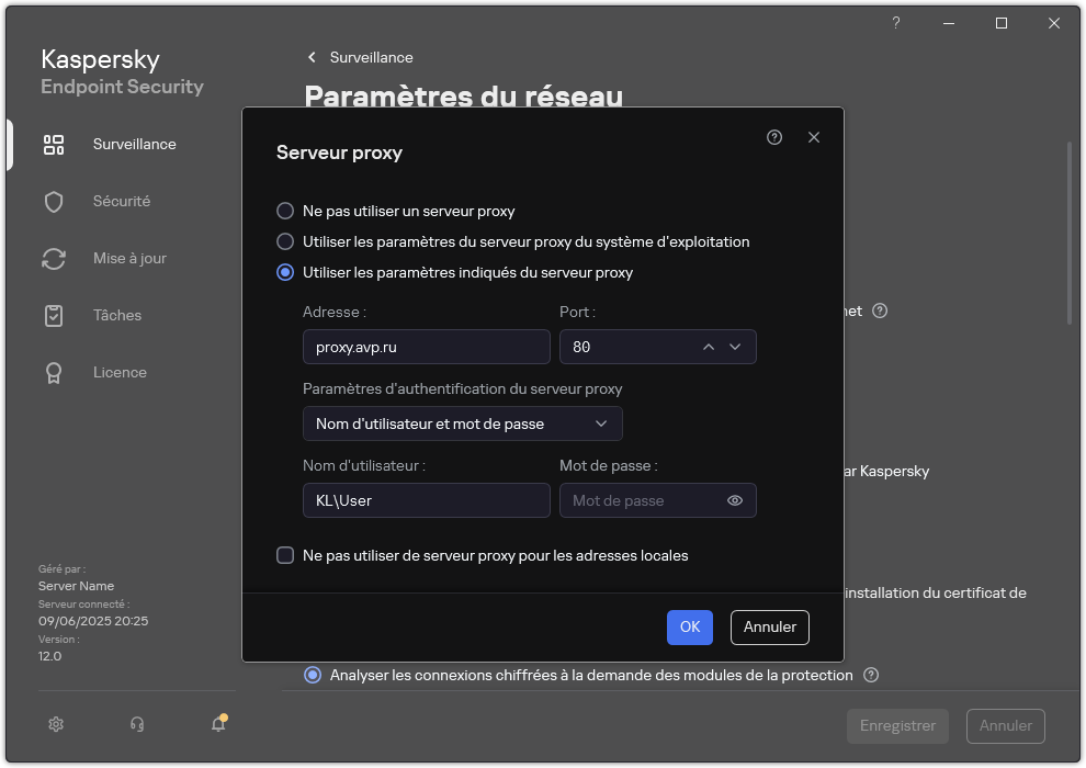 La fenêtre de configuration de la connexion au serveur proxy. L'utilisateur peut définir l'adresse du serveur proxy et les identifiants pour se connecter au serveur proxy.