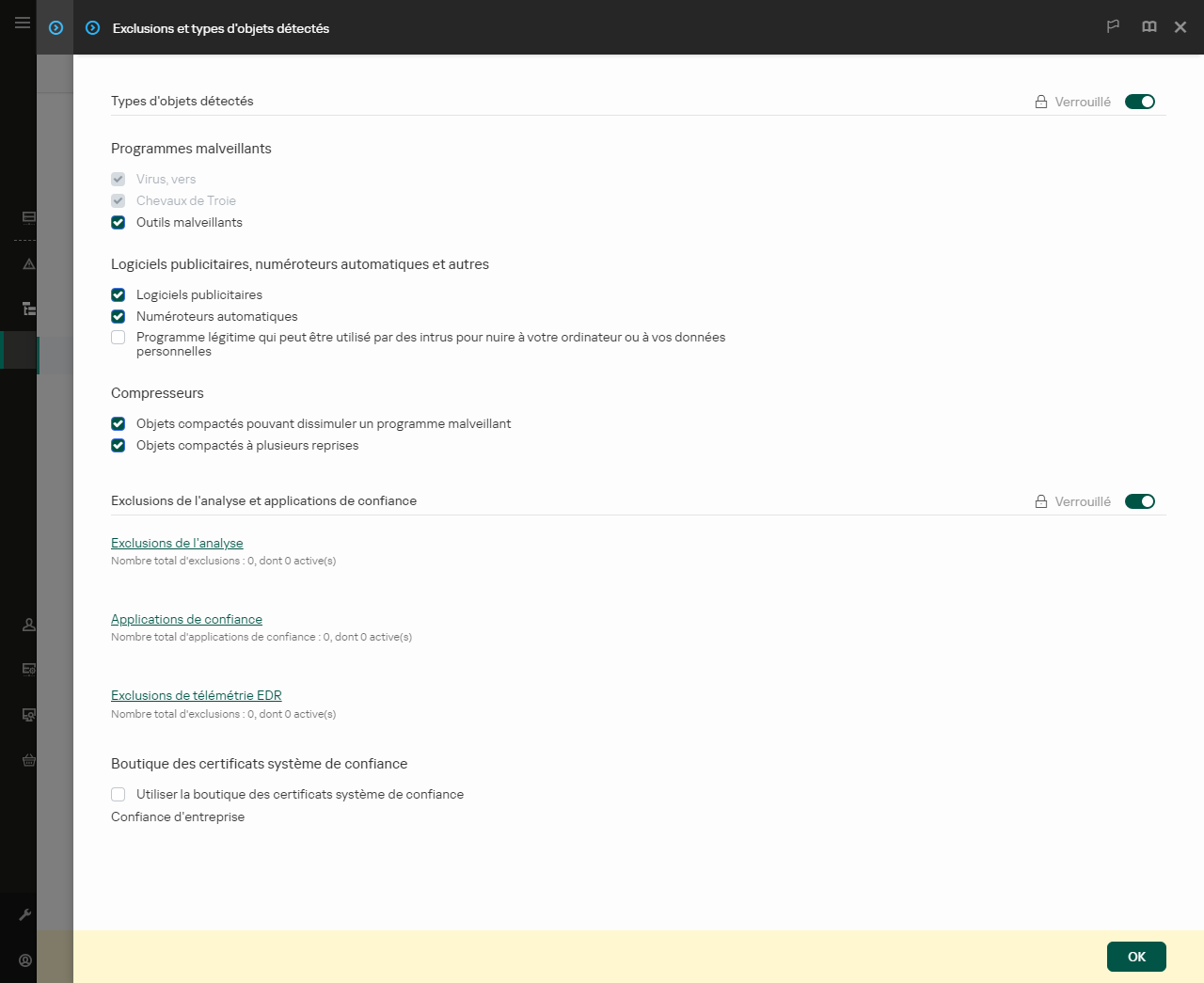 Fenêtre des paramètres d'exclusion. L'utilisateur peut ajouter des exclusions et des applications de confiance.