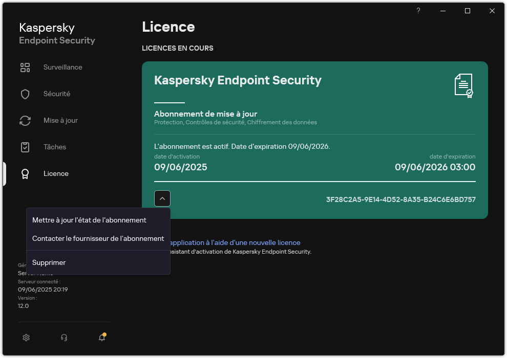 La fenêtre contenant des informations sur la licence. L'utilisateur peut mettre à jour l'état de l'abonnement, contacter le fournisseur de l'abonnement ou supprimer la licence.