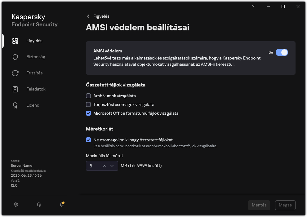 AMSI védelem beállításai ablak.