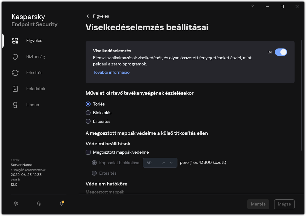 Viselkedésészlelés beállításainak ablaka.