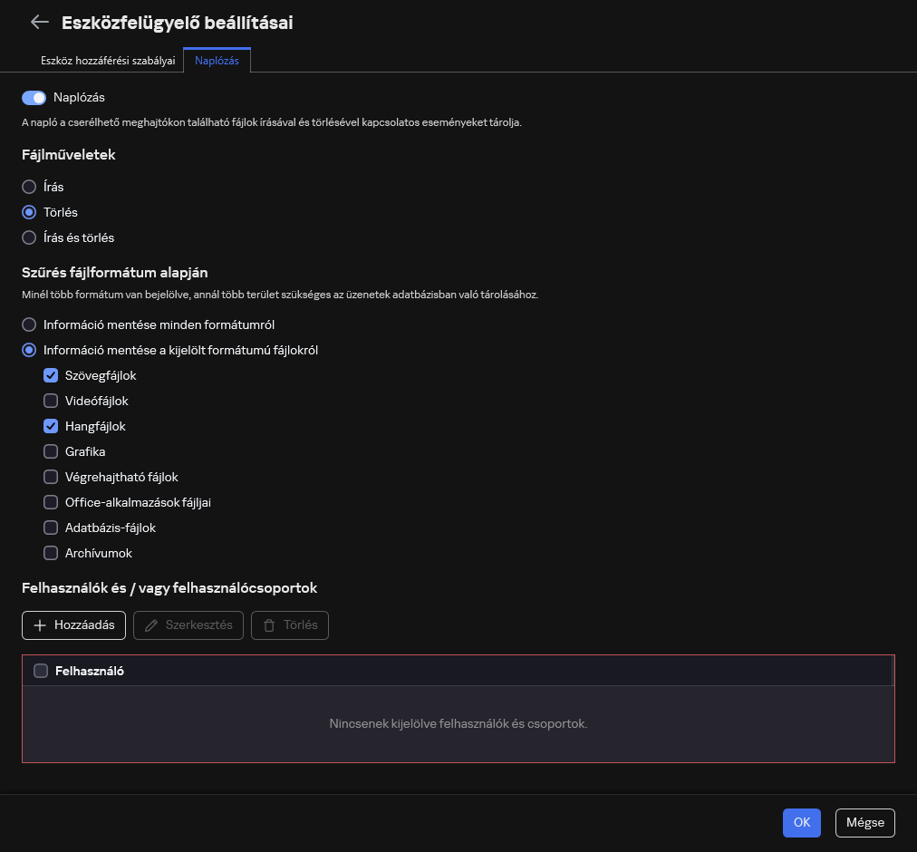 A cserélhető meghajtók használatával kapcsolatos események naplózásának konfigurálására szolgáló ablak. A felhasználó kiválaszthatja a naplózandó eseményeket.