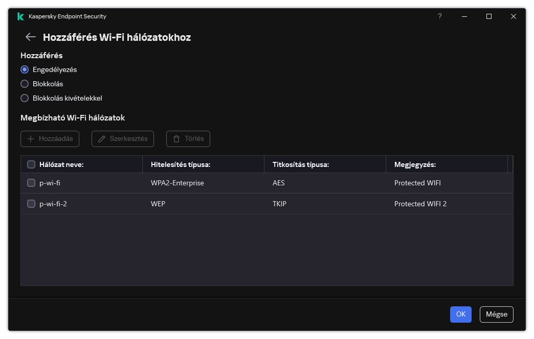 Ablak a Wi-Fi hálózatok listájával. A felhasználó konfigurálhatja az összes Wi-Fi hálózathoz való hozzáférést, és megbízható Wi-Fi hálózatokat vehet fel.