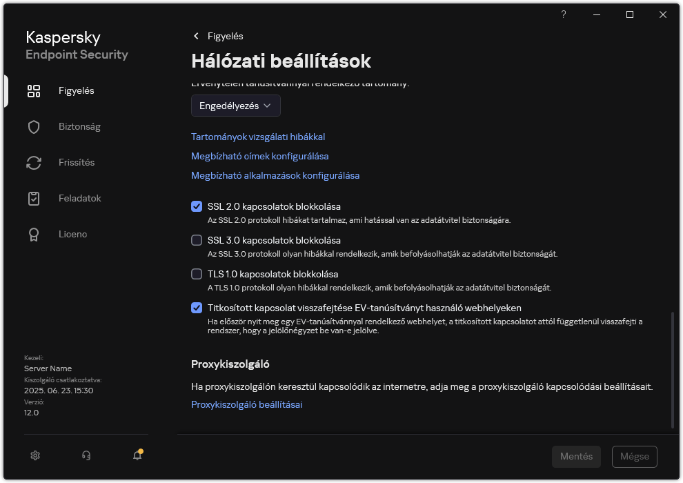 Alkalmazások hálózati beállításainak ablaka.