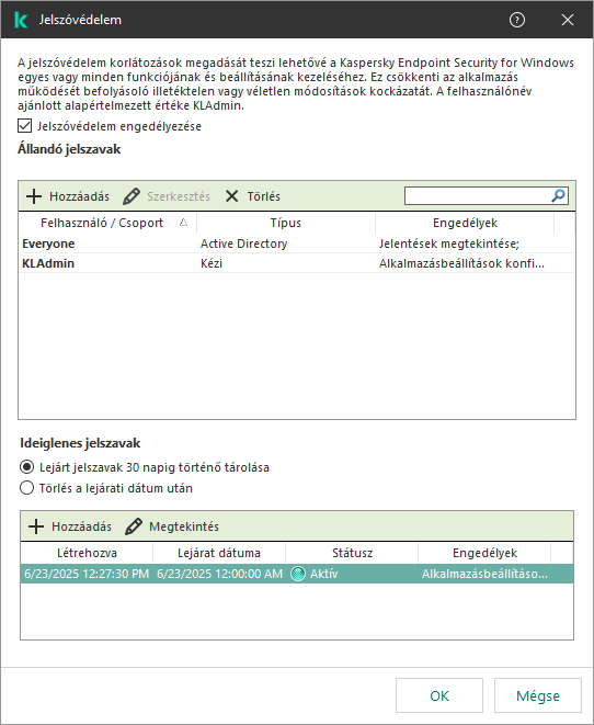Ideiglenes jelszavak kezelése ablak.