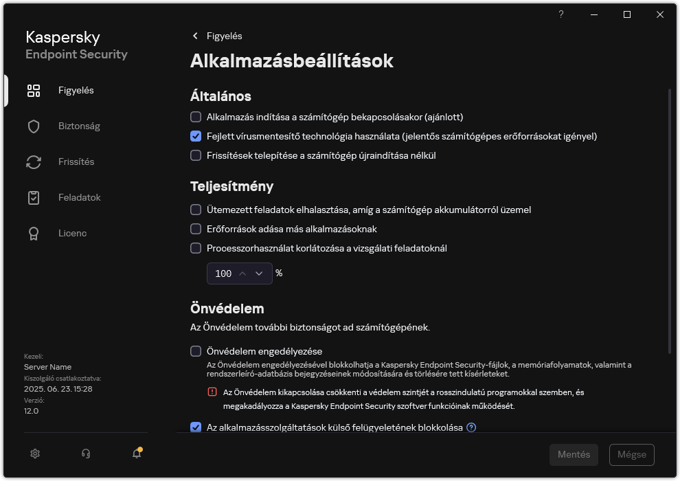 Alkalmazásbeállítások ablak. A felhasználó konfigurálhatja a teljesítményt, az önvédelmet és az egyéb beállításokat.