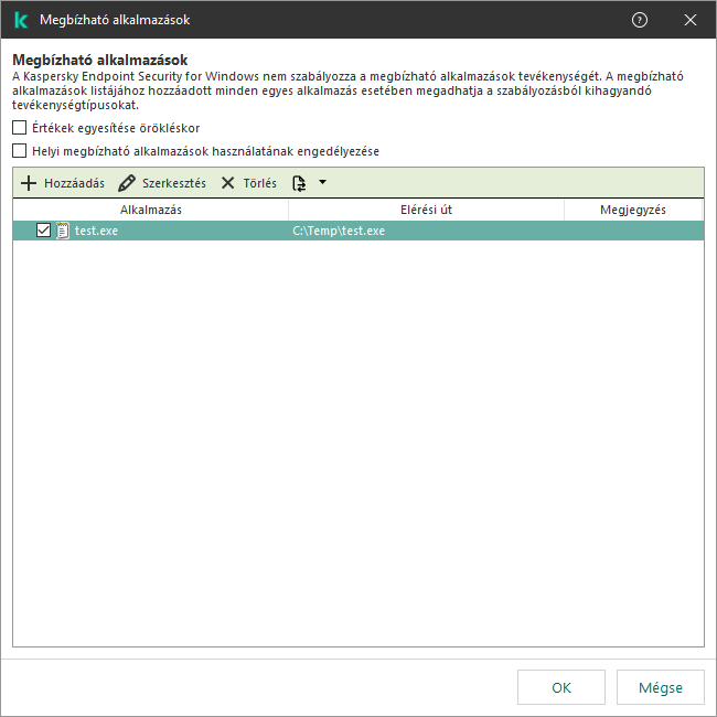 Egy ablak a megbízható alkalmazások listájával. A felhasználó hozzáadhat, szerkeszthet vagy eltávolíthat megbízható alkalmazásokat.