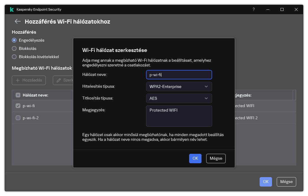 Az ablak a megbízható Wi-Fi hálózat beállításait tartalmazza.