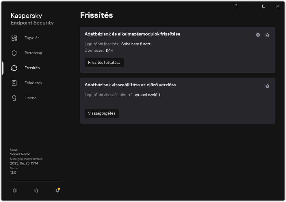 Egy ablak a helyi frissítési feladatok listájával. A felhasználó elindíthatja az adatbázisok és alkalmazásmodulok frissítését, valamint visszaállíthatja az utolsó frissítést.