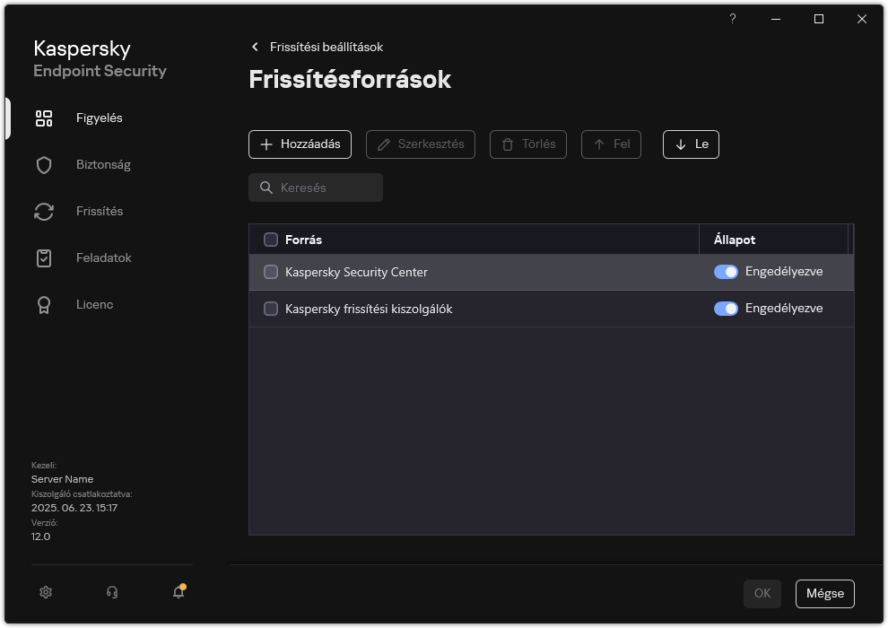 A frissítéőforrások listáját tartalmazó ablak. A felhasználó frissítési forrásokat adhat hozzá, és prioritást rendelhet a forráshoz.