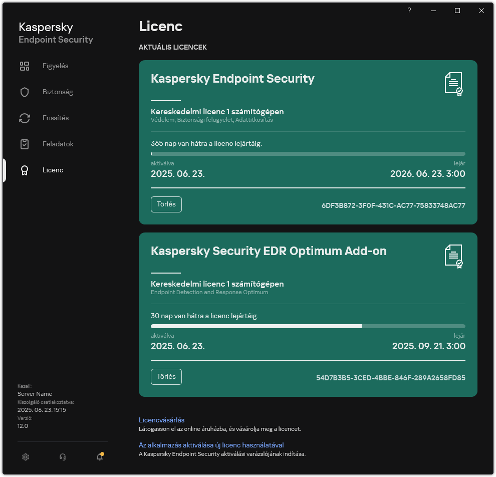Ablak a jelenlegi licencekkel.
