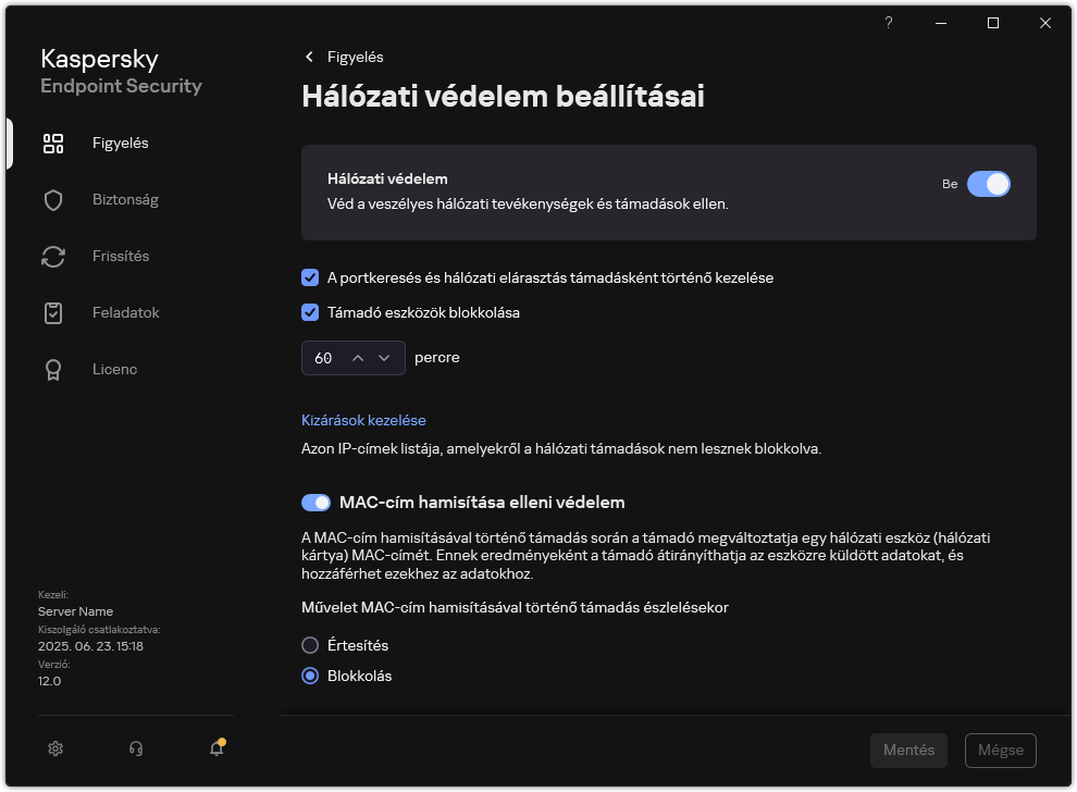 A Hálózati védelem beállításainak ablaka