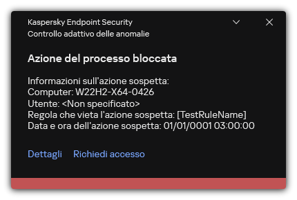 Notifica sull'attivazione di una regola. L'utente può creare una richiesta per consentire un'azione del processo.