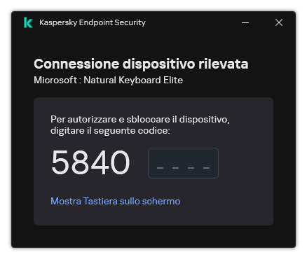 La finestra con il codice di autorizzazione della tastiera. L'utente può attivare la tastiera su schermo e immettere il codice.