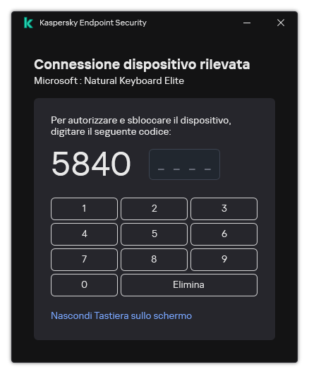 La finestra con il codice di autorizzazione della tastiera e Tastiera sullo schermo. L'utente può immettere il codice.
