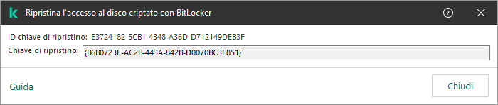 Una finestra con la chiave per ripristinare l'accesso all'unità non di sistema criptata.