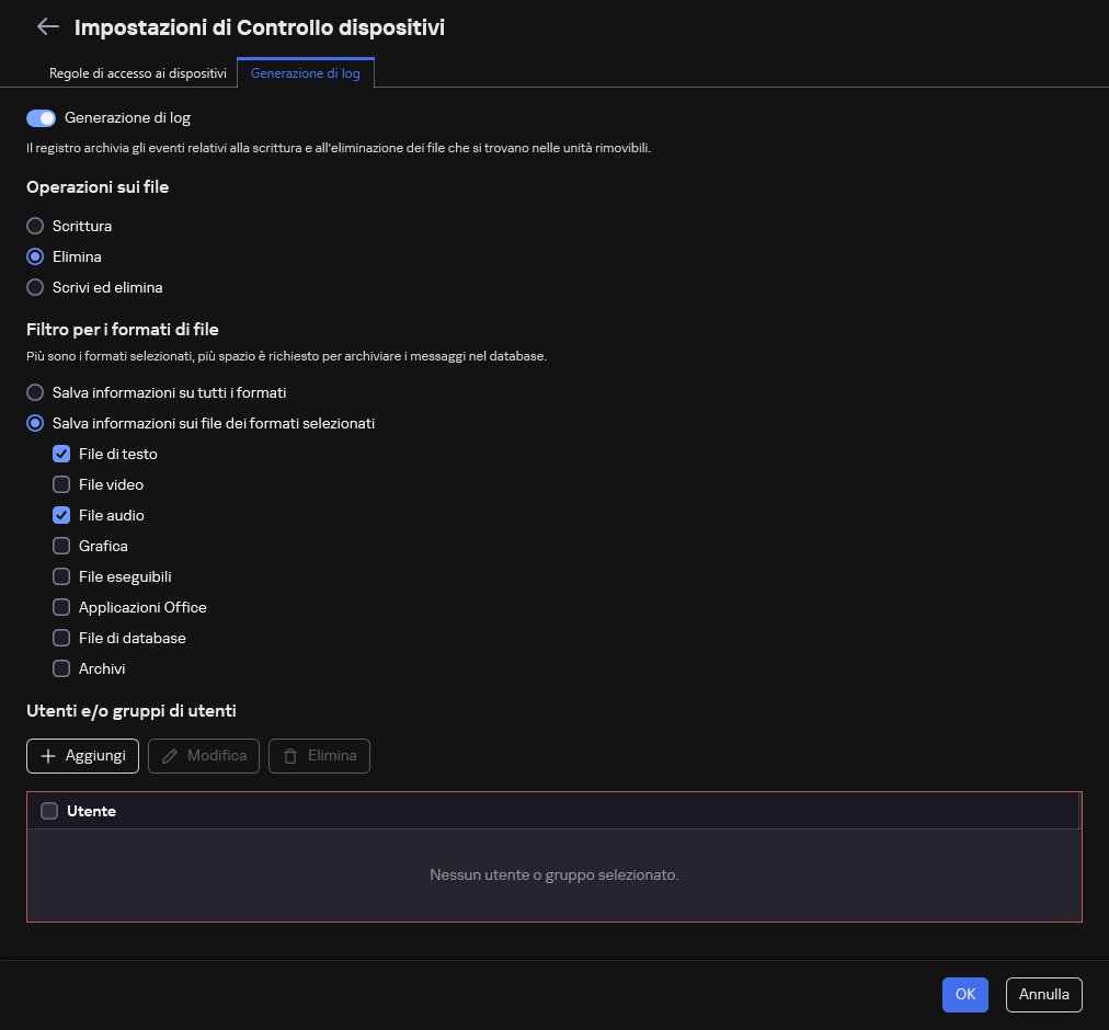 La finestra per la configurazione della registrazione degli eventi relativi all'utilizzo delle unità rimovibili. L'utente può selezionare gli eventi da registrare.