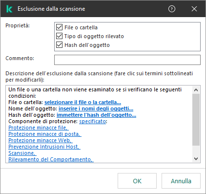 Una finestra con gli strumenti di selezione delle esclusioni. L'utente può selezionare un file o una cartella, inserire un hash o un nome dell'oggetto.