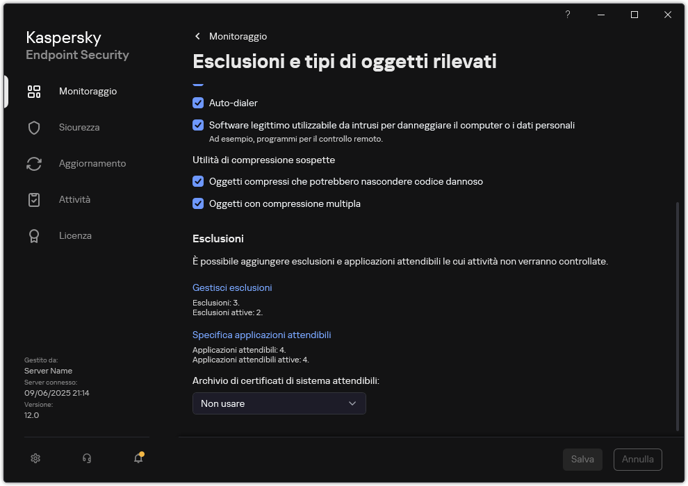 Finestra delle impostazioni di esclusione. L'utente può aggiungere esclusioni e applicazioni attendibili.
