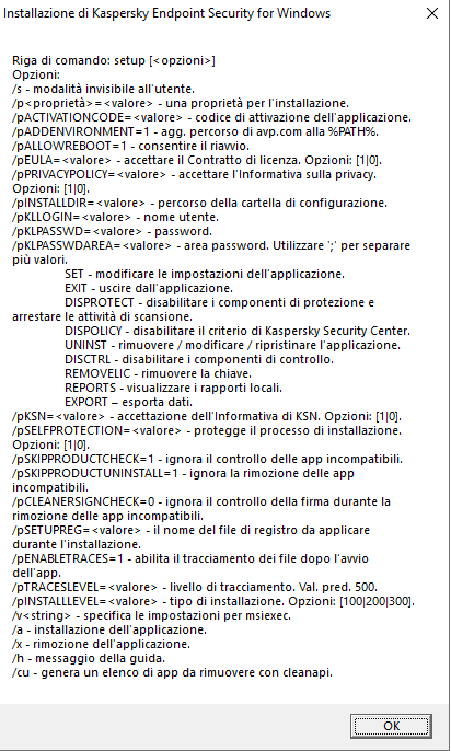 Finestra con le descrizioni delle opzioni di comando per installare l'applicazione tramite CMD.