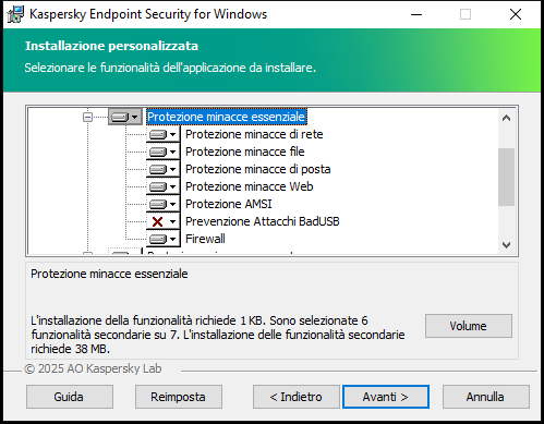 Finestra del programma di installazione con un elenco di componenti selezionabili dall'utente.