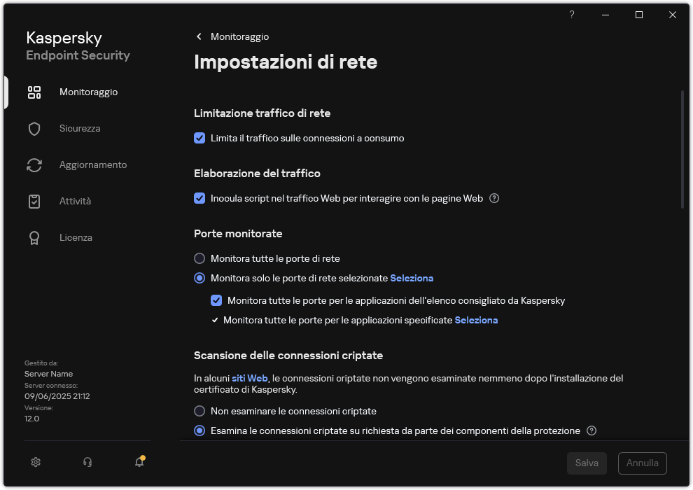 Finestra delle impostazioni di rete dell'applicazione.