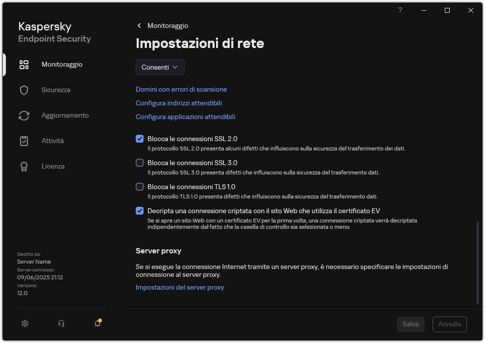 Finestra delle impostazioni di rete dell'applicazione.