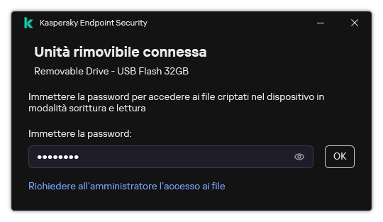 La finestra contiene un campo di immissione della password. L'utente può creare una richiesta di accesso ai file.