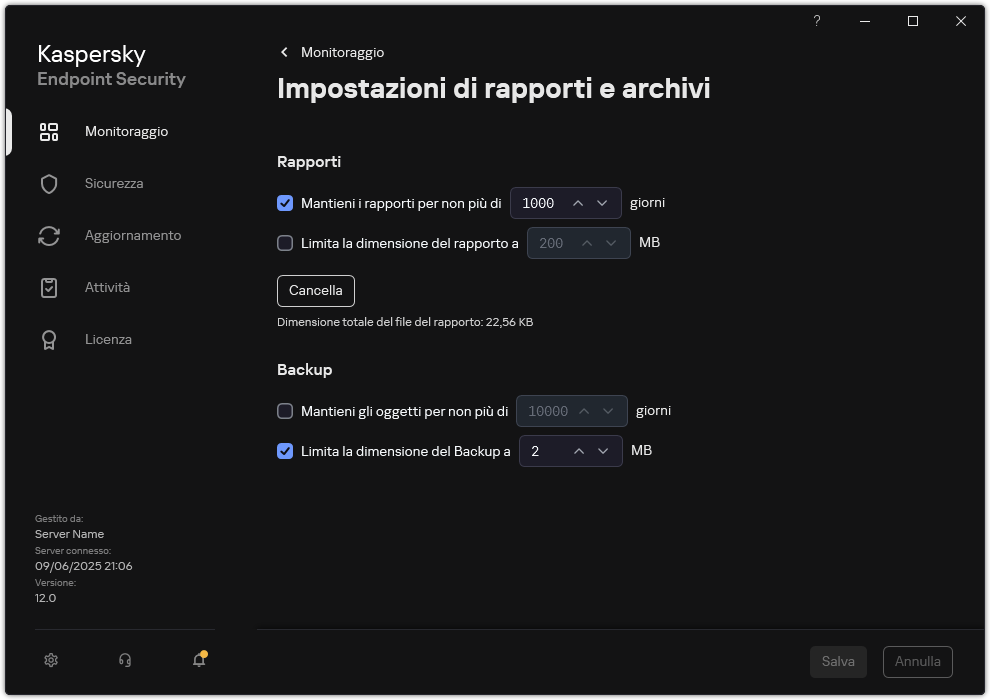 Finestra Impostazioni di rapporti e archivi. L'utente può impostare la dimensione e limitare il tempo di archiviazione dei rapporti e degli oggetti nel repository.