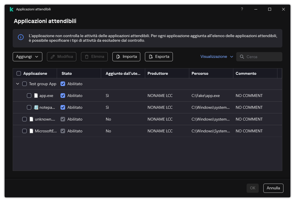 Una finestra con l'elenco delle applicazioni attendibili. L'utente può aggiungere, modificare o rimuovere un'applicazione attendibile.