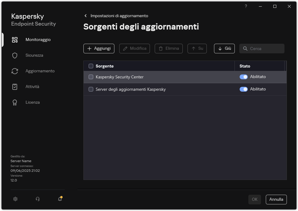 Una finestra con l'elenco delle sorgenti degli aggiornamenti. L'utente può aggiungere sorgenti degli aggiornamenti e assegnare una priorità alla sorgente.