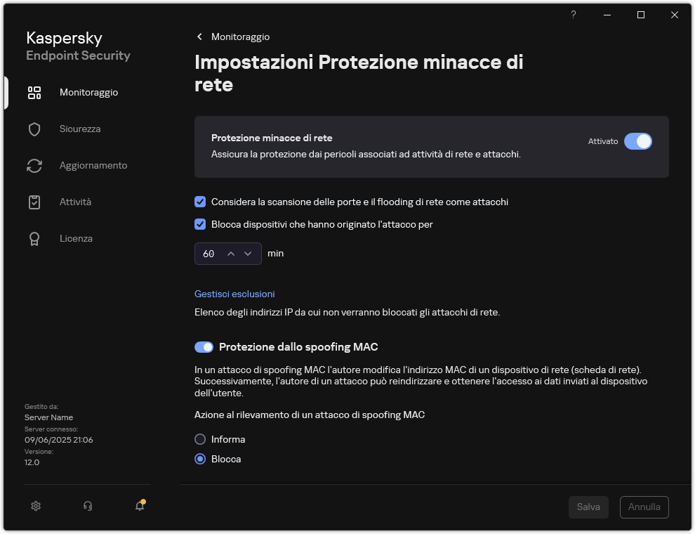 Finestra Impostazioni di Protezione minacce di Rete