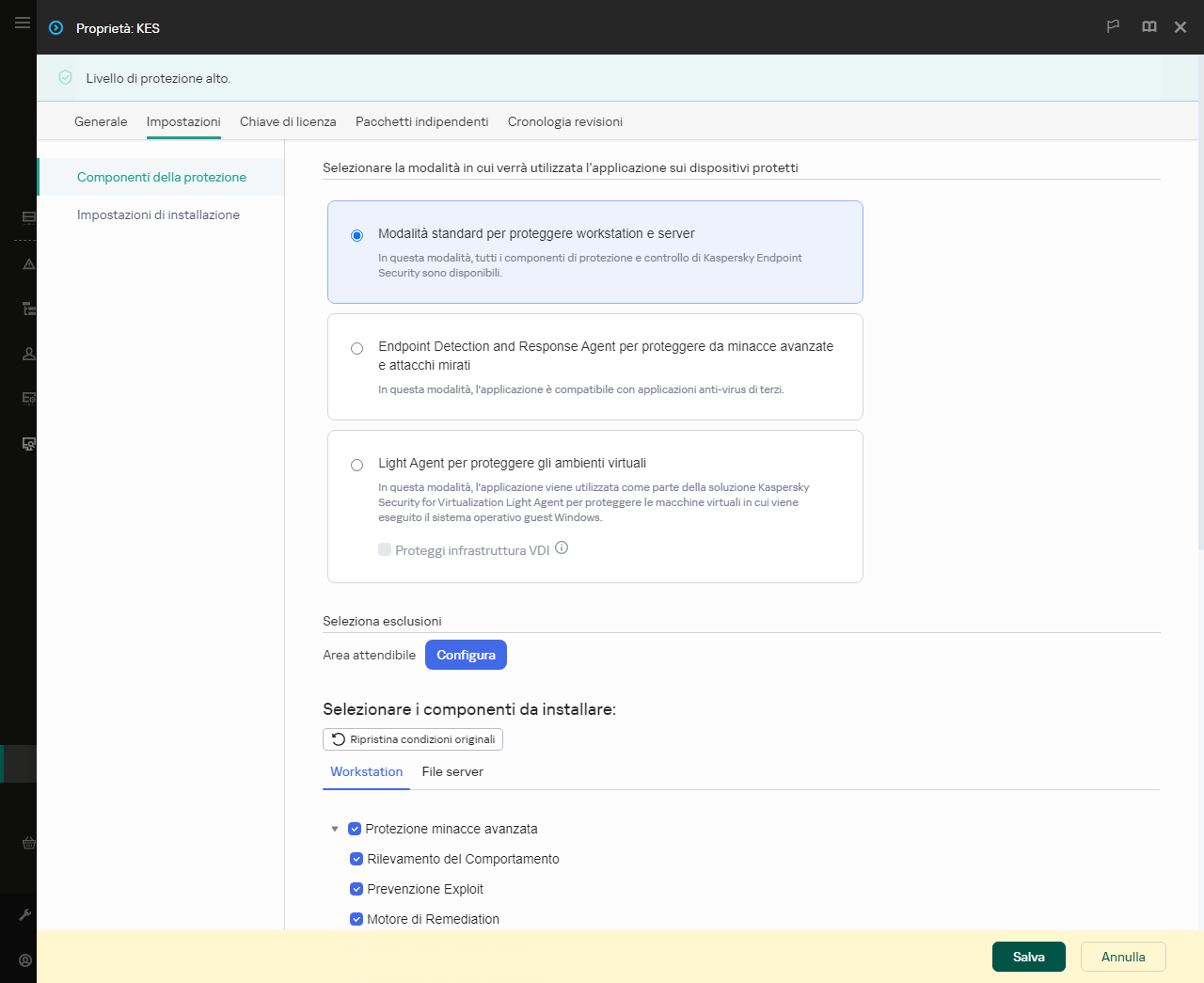 Finestra delle proprietà del pacchetto di installazione. È possibile selezionare i componenti dell'applicazione che si desidera includere.
