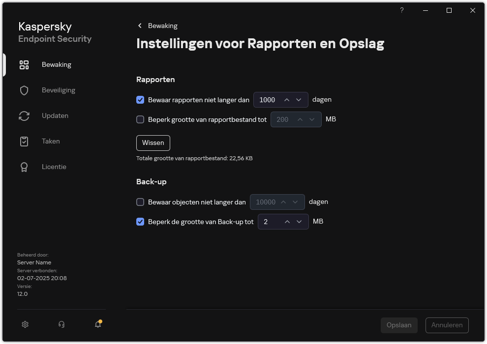 Venster Rapporten en opslaginstellingen. De gebruiker kan de grootte instellen en de opslagtijd beperken van rapporten en objecten in de opslagplaats.