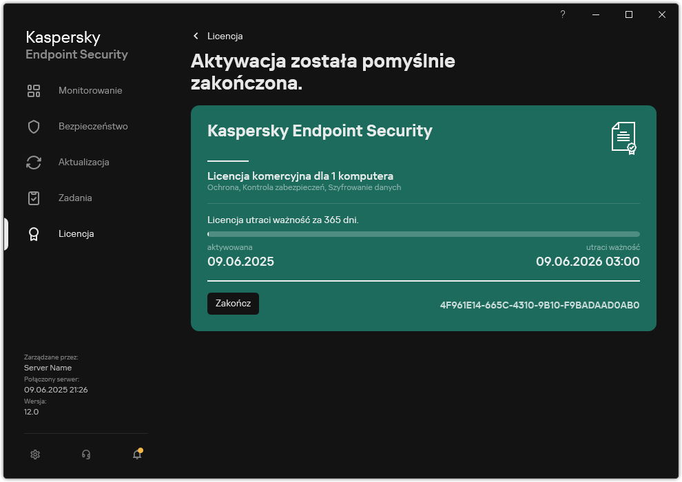 Okno zawiera informacje o licencji: datę wygaśnięcia, dostępne funkcje i inne informacje.