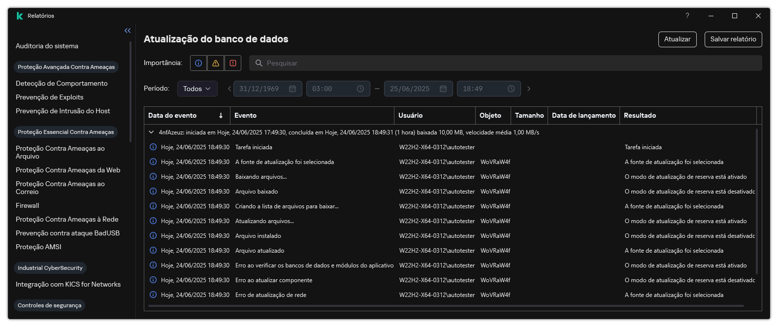 Uma janela com a lista de eventos no relatório. O usuário pode filtrar/classificar os eventos e salvar os relatórios em um arquivo.