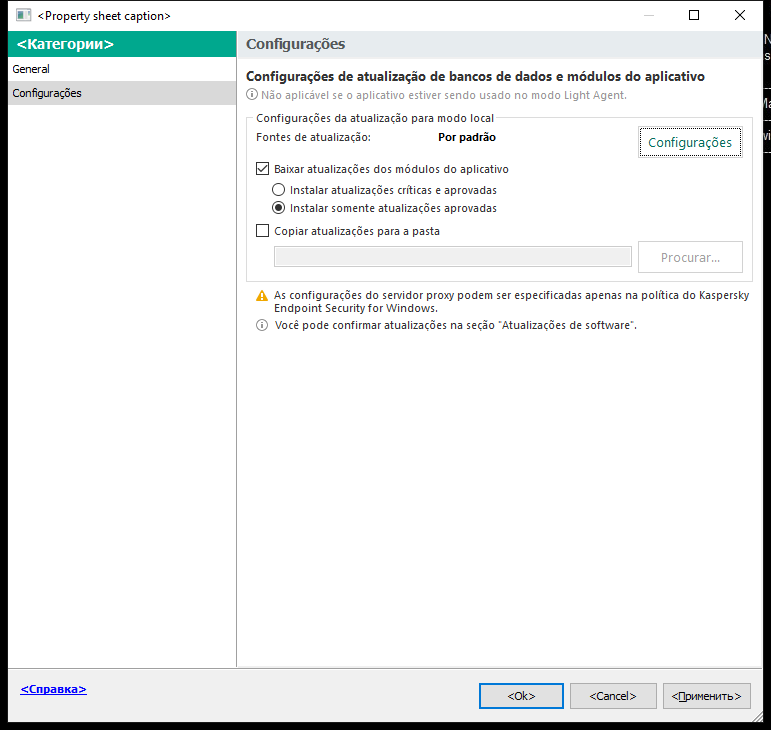 A janela Configurações da tarefa da atualização. O usuário pode configurar a atualização nos modos local e móvel.