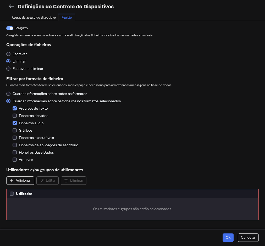 A janela para configurar o registo de eventos sobre o uso de unidades amovíveis. O utilizador pode selecionar os eventos a serem registados.