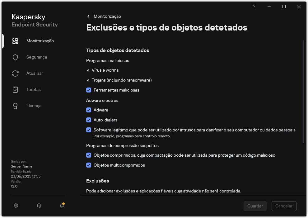 Janela de definições de exclusão. O utilizador pode selecionar tipos de objetos detetados e adicionar objetos às exclusões.