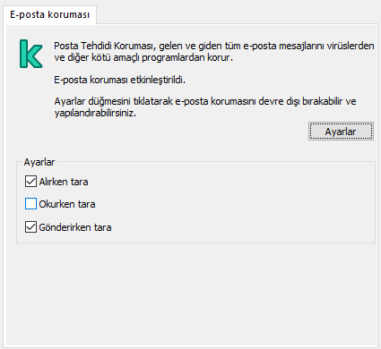 Outlook penceresi için Kaspersky uzantısı. Kullanıcı, alındığında, okunduğunda veya gönderildiğinde taranacak mesajları yapılandırabilir.
