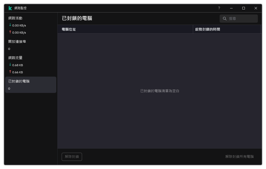 帶有被封鎖電腦清單的網路監控視窗。您可以取消封鎖個別電腦或所有電腦。