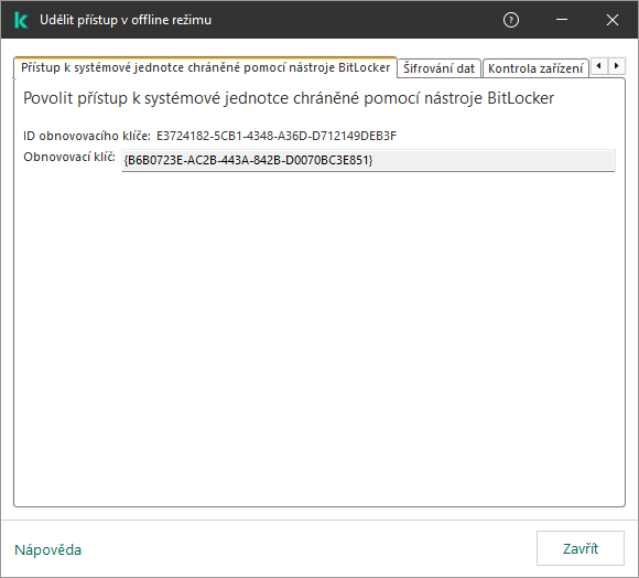 Okno s klíčem pro obnovení přístupu k zašifrované systémové jednotce.