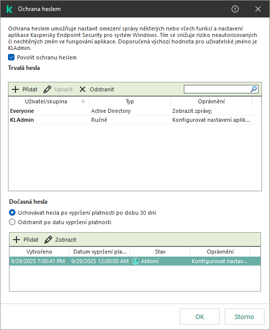 Okno Správa dočasných hesel.