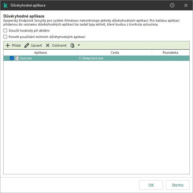 Okno se seznamem důvěryhodných aplikací. Uživatel může přidat, upravit nebo odebrat důvěryhodnou aplikaci.