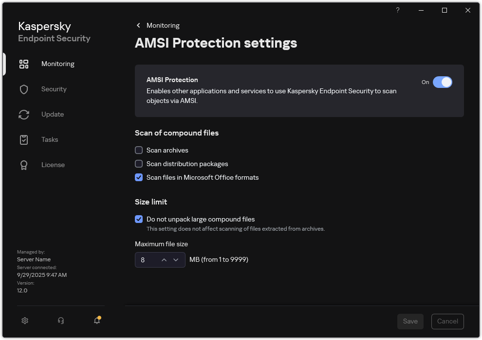 AMSI Protection settings window.