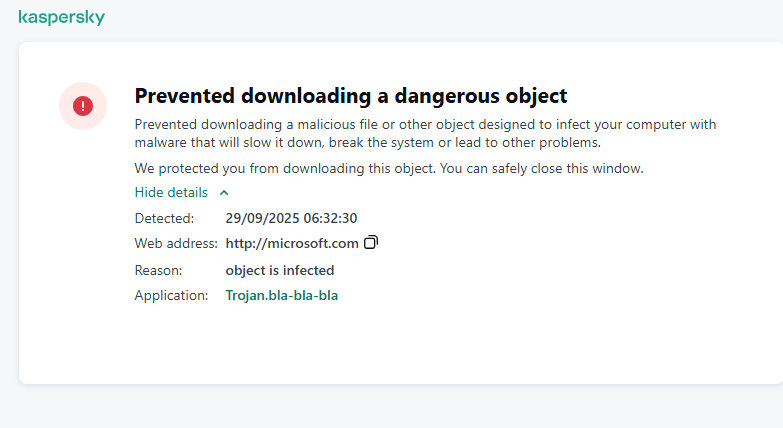 Kaspersky notification about preventing malicious object from loading in the browser window.