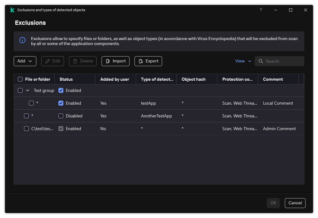 A window with the list of exclusions. Exclusion properties are displayed. The user can add, edit or delete exclusions.