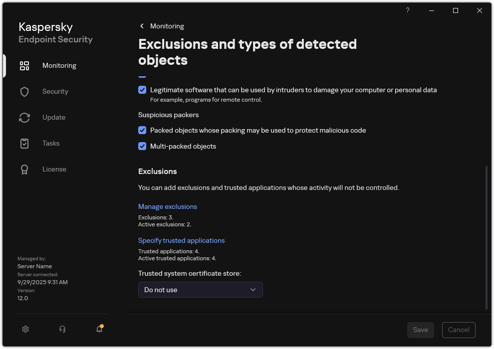 Exclusion settings window. The user can add exclusions and trusted applications.