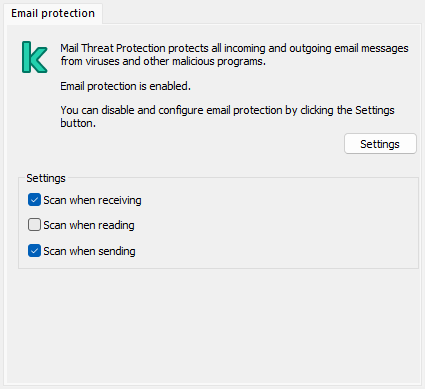 Kaspersky extension for Outlook window. The user can configure messages to be scanned when received, read or sent.